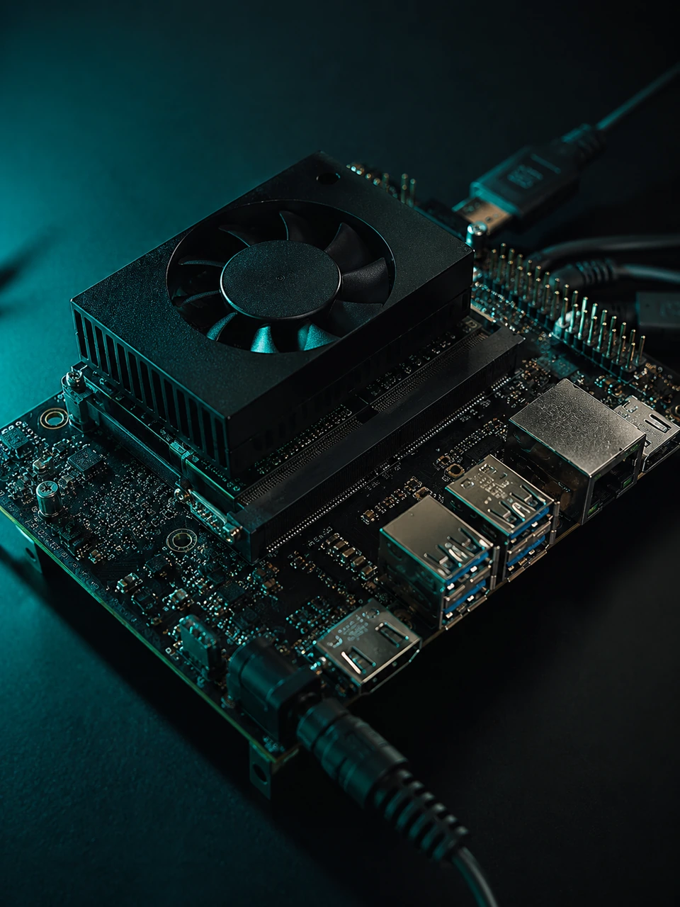 High-detail compute-platform visual for the first Evopien head workstation