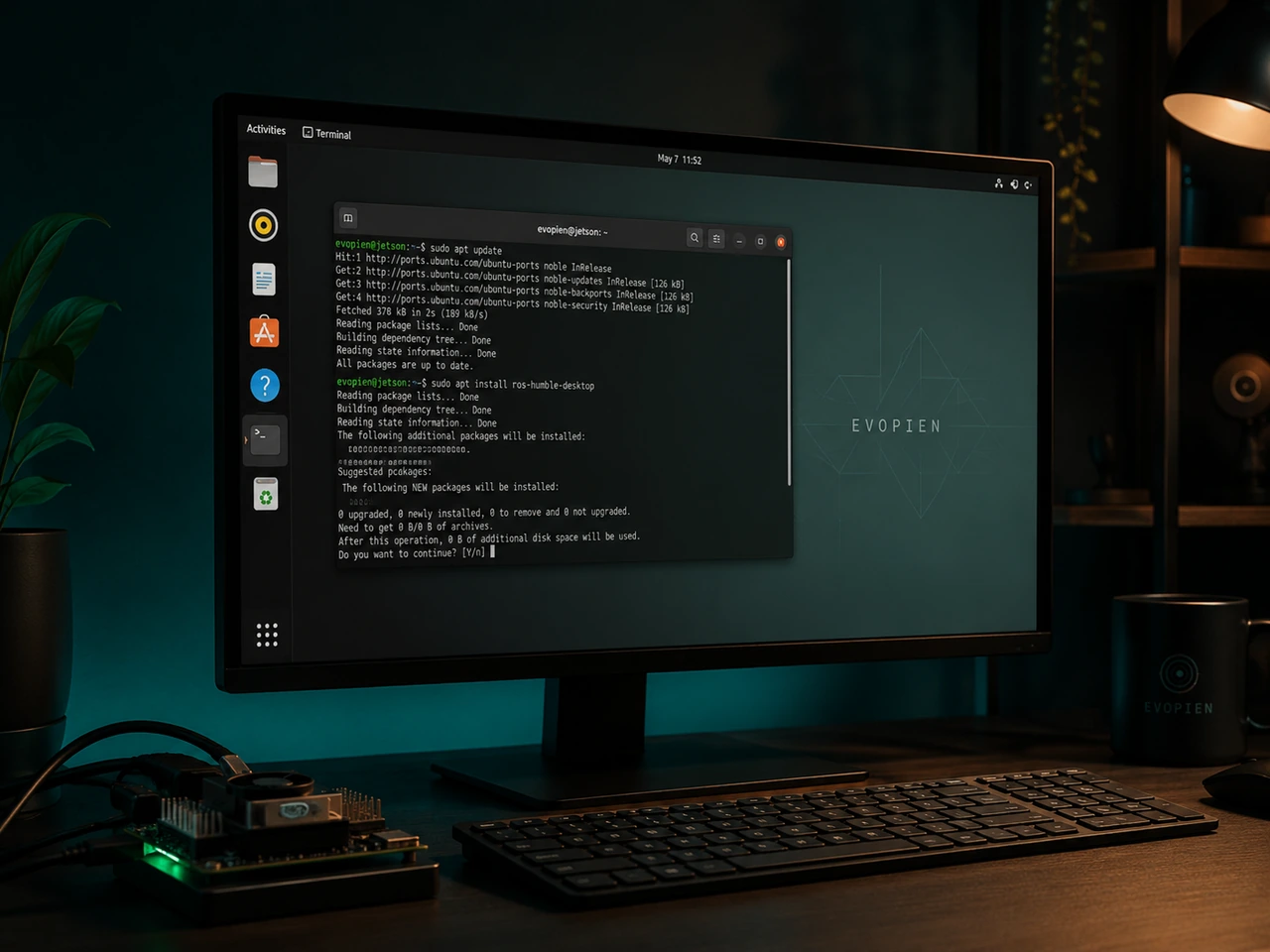 Studio visual of the Evopien development workstation during the first Jetson desktop setup phase