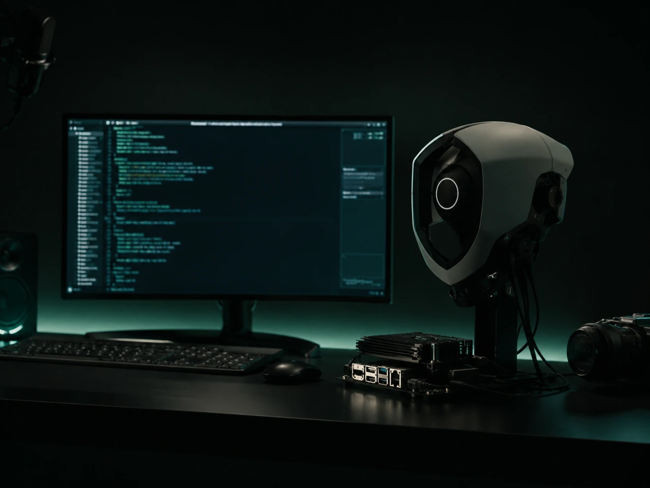Cinematic Evopien workstation visual showing the current head-platform development environment